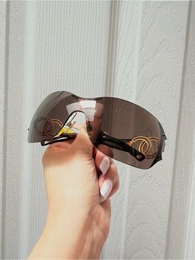 Vintage CHANEL Brown Rimless Shield Sunglasses with Gold CC Accents
